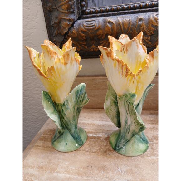 2 Pc Chelsea House Porcelain Lily Flower 7" Candlestick Holders Yellow Vnt - Picture 2 of 15